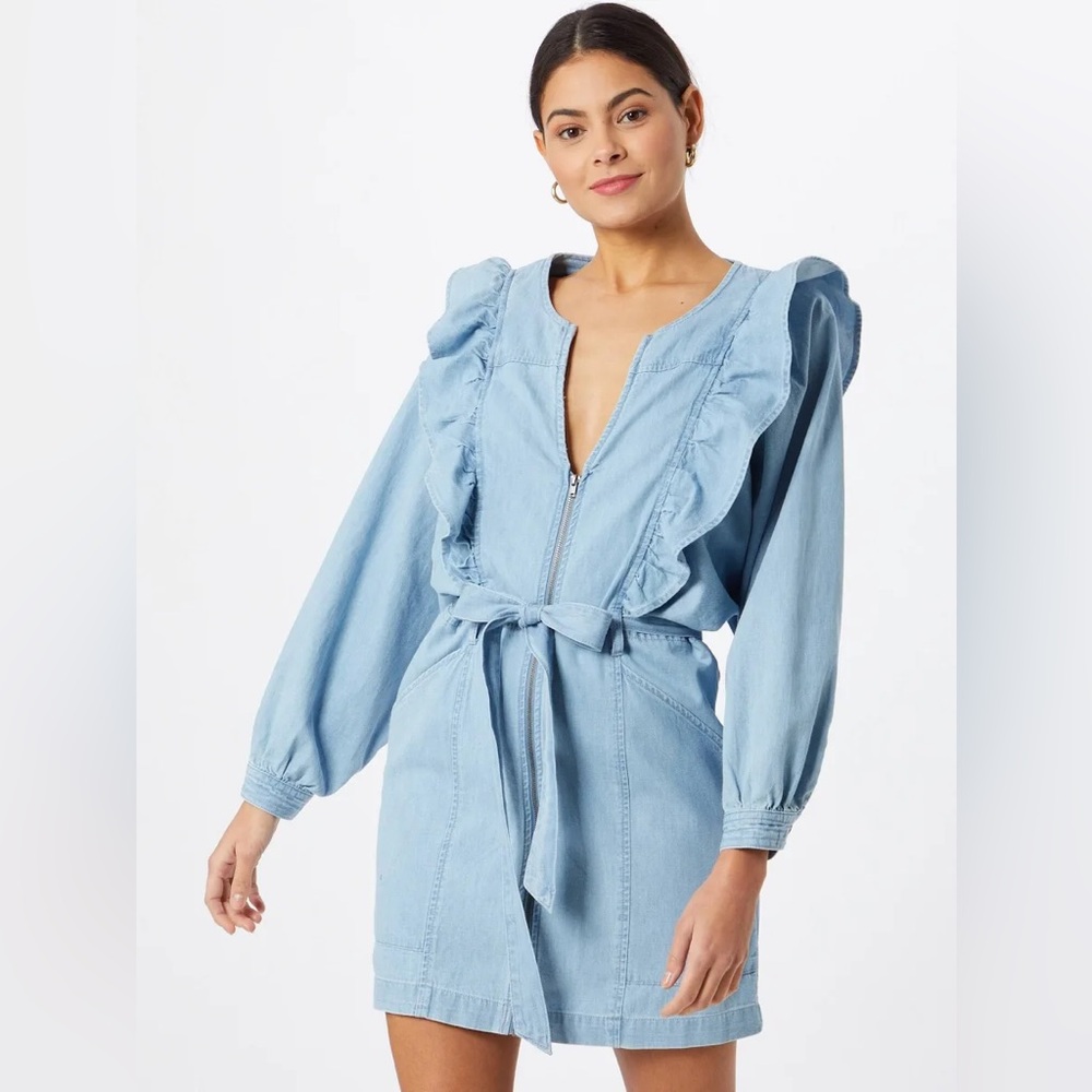 Free People Imogene Frilll blue Chambray 100% cotton denim mini dress NWOT